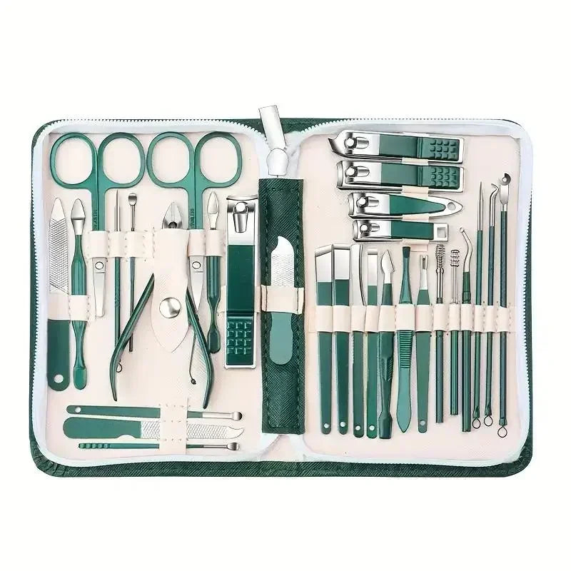 30pcs Professional Stainless Steel Nail Clipper Set Green Nail Tools Manicure Pedicure Set of 30pcs Travel Grooming Kit