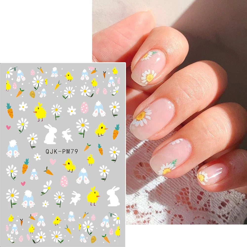 2pcs Easter Bunny 3D Nail Stickers Cartoon Cute Easter Eggs Rabbits Nail Decals Adhesive Nail Design DIY Decorations For Nails