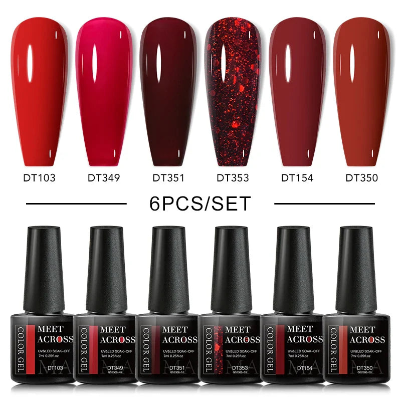 MEET ACROSS 6PCS/SET Macaron Series Gel Nail Polish Set Glitter Semi Permanent UV Nail Kit Base Matte Top Coat Nail Art Manicure