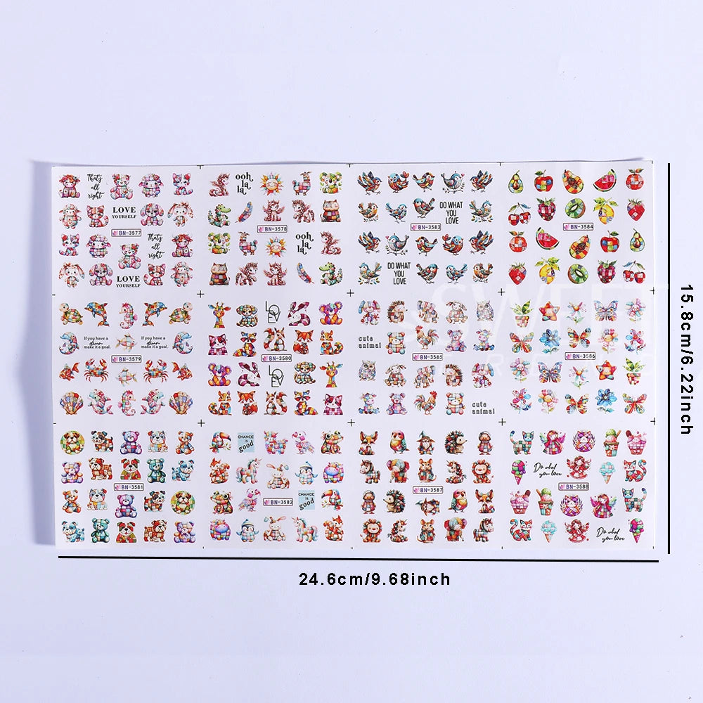 12 Design Ink Flowers Water Transfer Nail Stickers Decals Patchwork Animal Bear Nail Sliders for Women DIY Manicure Decorations