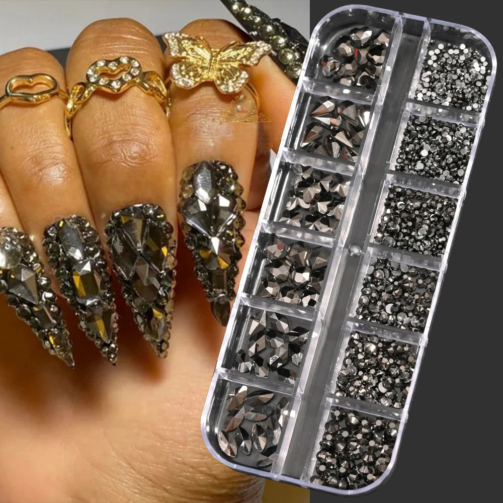 12Grids Pink Mixed Nail Rhinestones Luxury Nail Charms Glitter Crystal Jewelry Gems Nail Art Decoration DIY Manicure Rhinestones