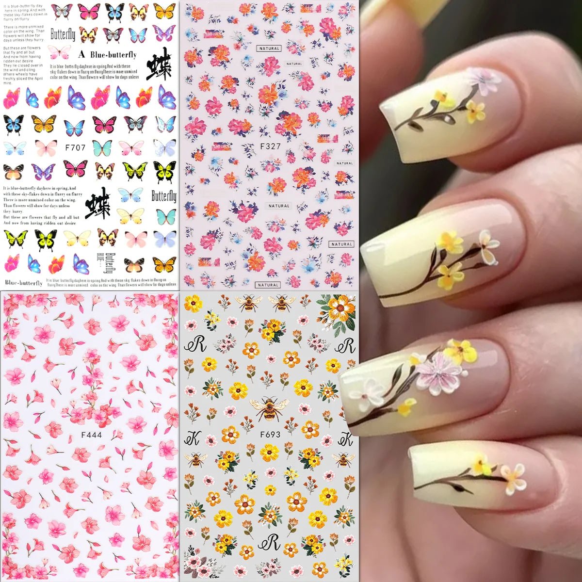 4pcs Spring and Summer Flower Nail Art Stickers - Easy to apply for nail decoration, DIY, gift, wedding party makeup, Y2K