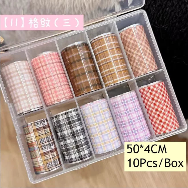 10Rolls Plaid Thousand-Bird Bow Stars Nail Foils Transfer Paper Nail Art Stickers Manicure Set Decal Nails Decoration