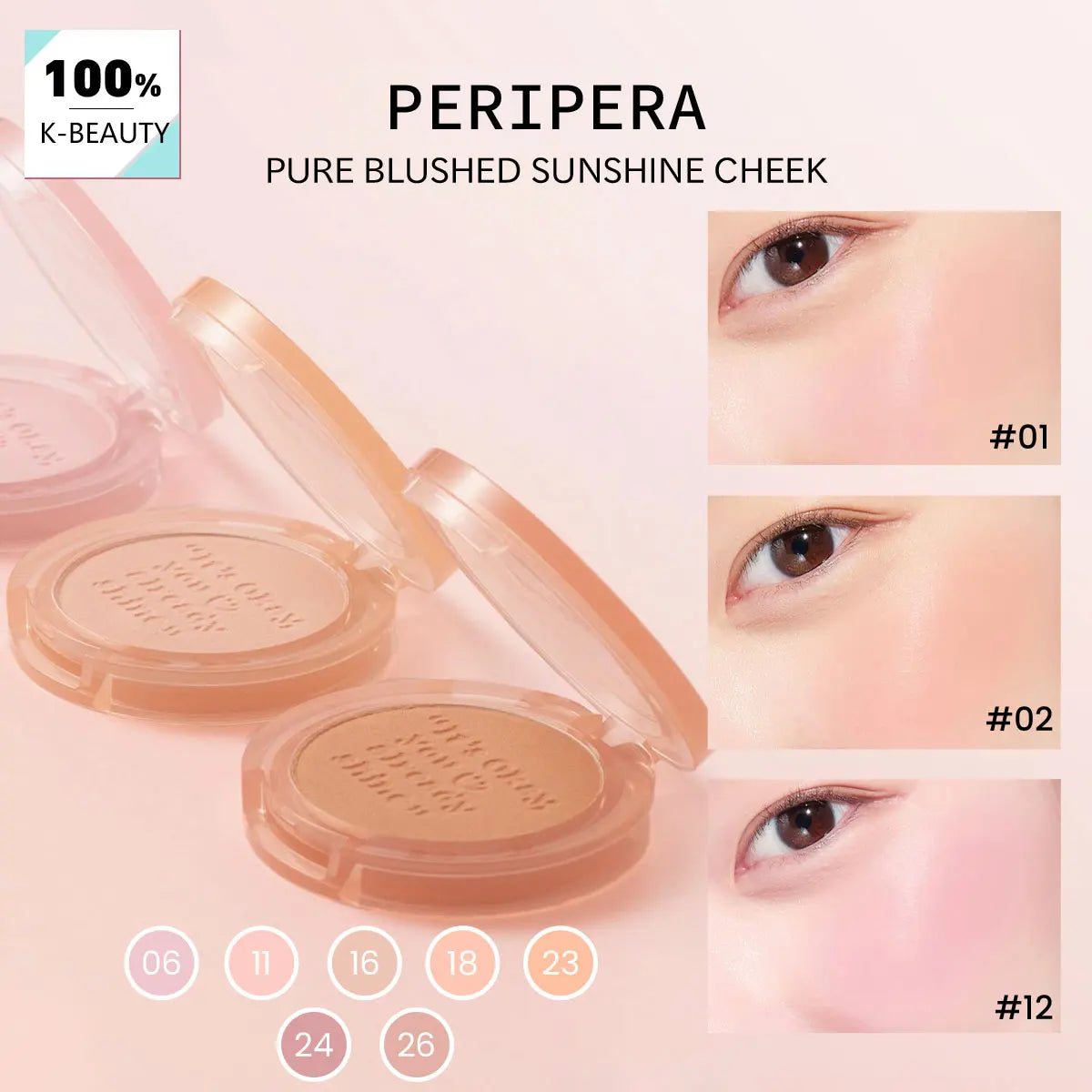 PERIPERA PURE BLUSHED SUNSHINE CHEEK,Silky Powder Blush,Natural Healthy Glow,Soft-Focus Matte Finish,K-Beauty,Korean Makeup