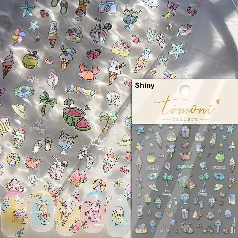 Sea Wave Jellyfish Starfish Conch Shell Dolphin Pearl Summer Beach Goldfish Water Bubble Mermaid Koi INS Nail Art Stickers Decal