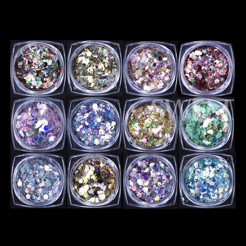12 colors Holographic Hexagon Nail Sequin Shiny Nail Glitter Flakes Chunky Iridescent Sequins Manicure Decorations Nail Supplies