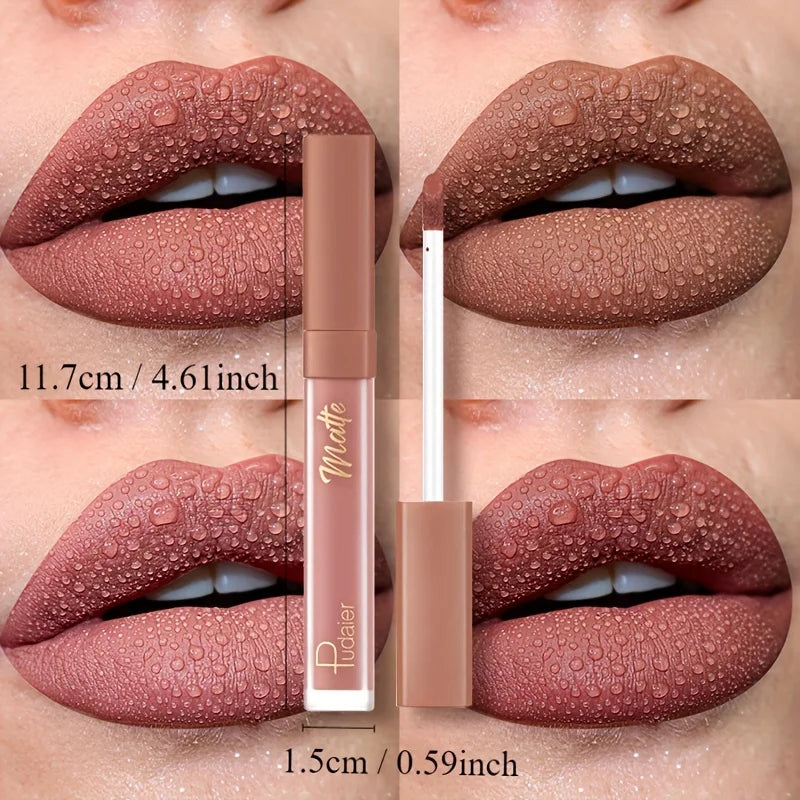 Pudaier Velvet Lip Glaze Matte Finish Deep Brown with Golden Accents Long-Lasting Waterproof Smudgeproof Lightweight Lip Stain