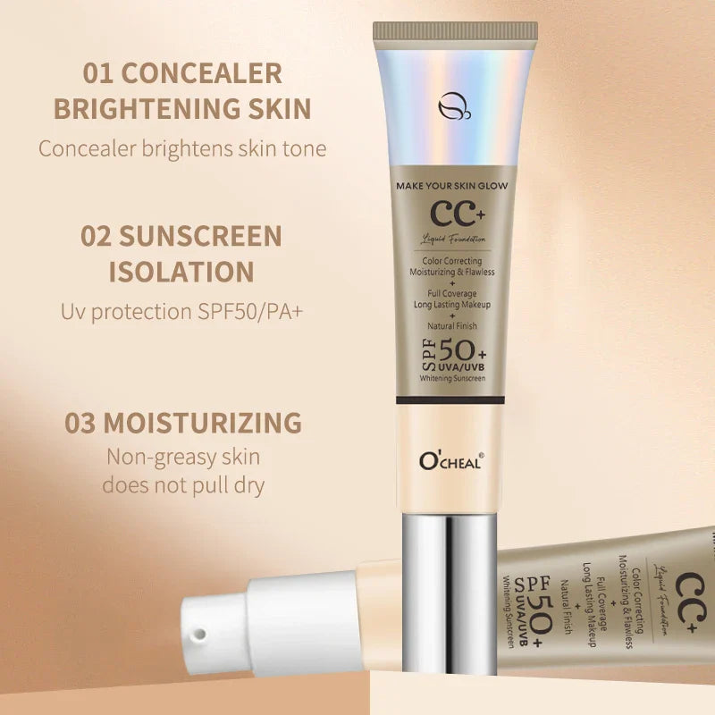 Ocheal 30g CC Cream Foundation Waterproff Concealer Moisturizing Sunscreen Liquid SPF 50+ Long Lasting Brightening Makeup Primer