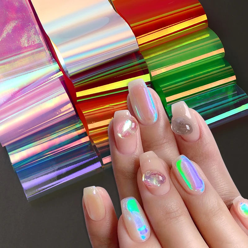 12pcs Aurora Foils Nail Art Stickers Holographic Laser Glass Paper Iridescent Cellophane Sliders Y2K Ice Cube Nail Art Decor