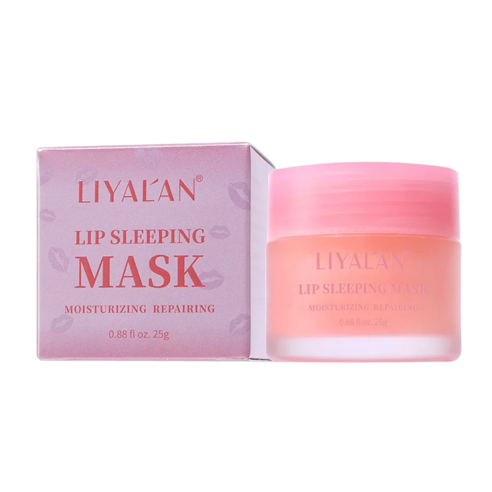 LIYALAN Lip Sleeping Mask Night Lips Care Collagen Moisturizer Smooth Dryness Nourishing Lip Line Cream Fruit Pink Lip Balm 25g