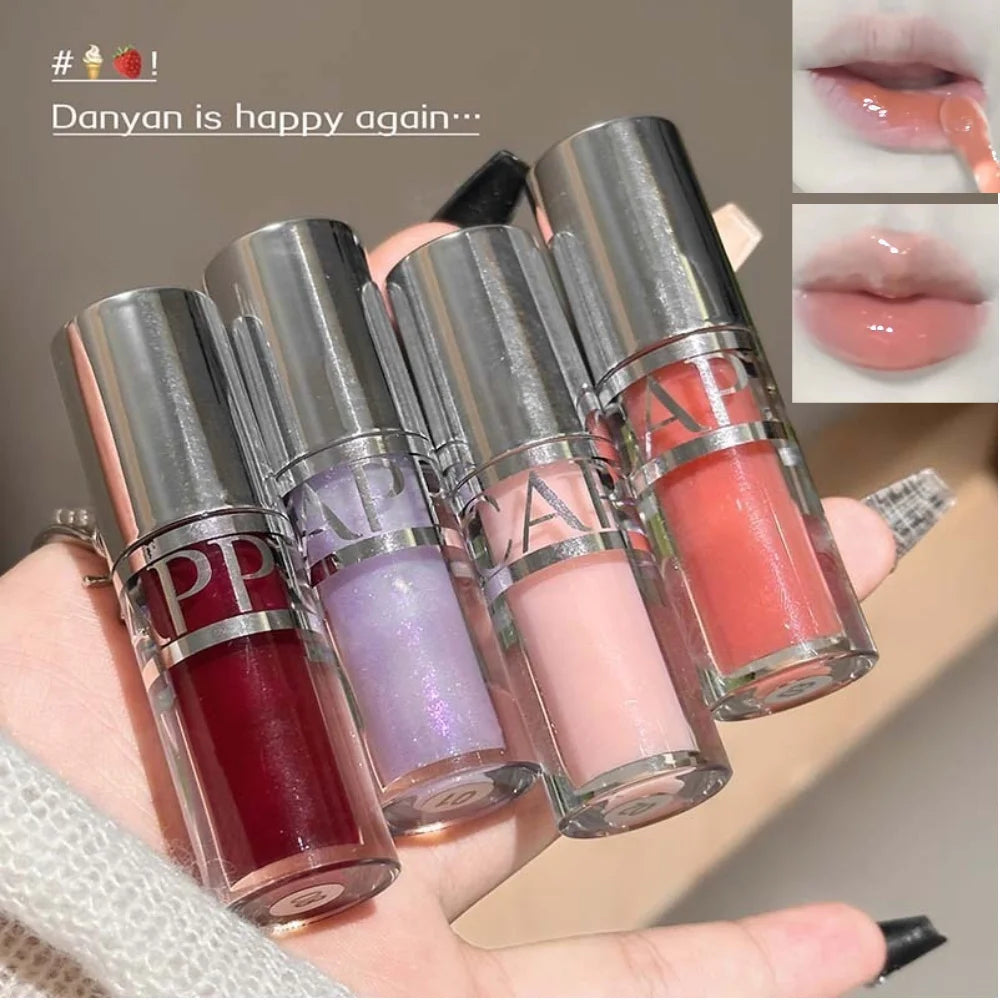 Mirror-like, moisturizing glass lip gloss with long-lasting, clear, plumping, and lip line-reducing properties. Lip gloss.