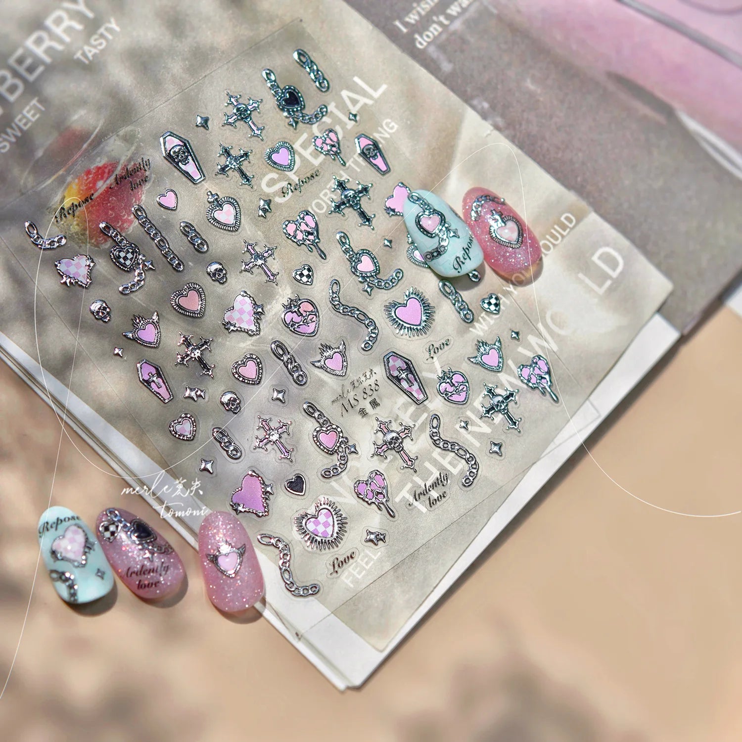 Silver-embossed Heart-shaped Nail Stickers Valentine's Day Colorful Checkered Nails Art Sticker Decorations DIY 3D Nails Decals