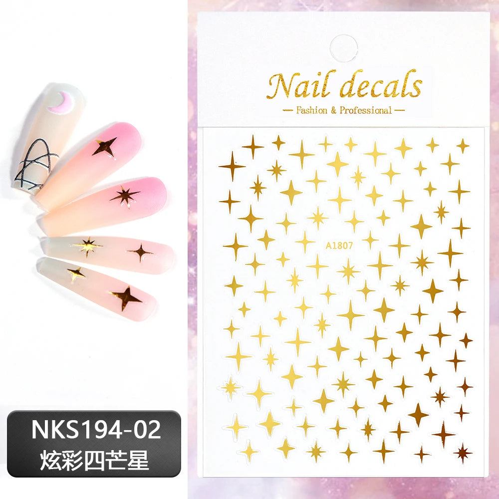 3D Gold Silver Star Nail Art Stickers Black White Crescent Moon Decals Self Adhesive Slider Polish Stickers Manicure Decoration