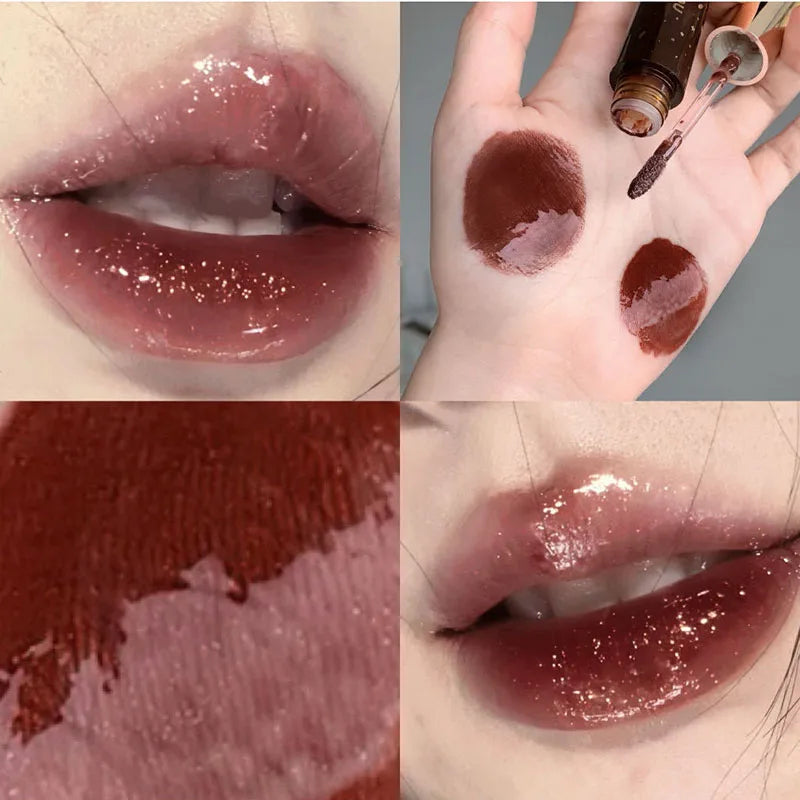 Retro Clear Lip Glaze Gloss Mirror Glitter Non Stick Cup Brighten Jelly Dark Lipstick Red Brown Dupes Lip Ink Tint Korean Makeup
