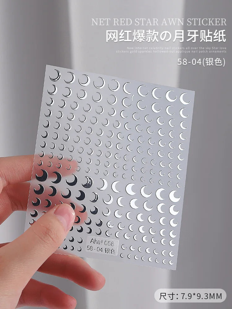 3D Gold Silver Star Nail Art Stickers Black White Crescent Moon Decals Self Adhesive Slider Polish Stickers Manicure Decoration