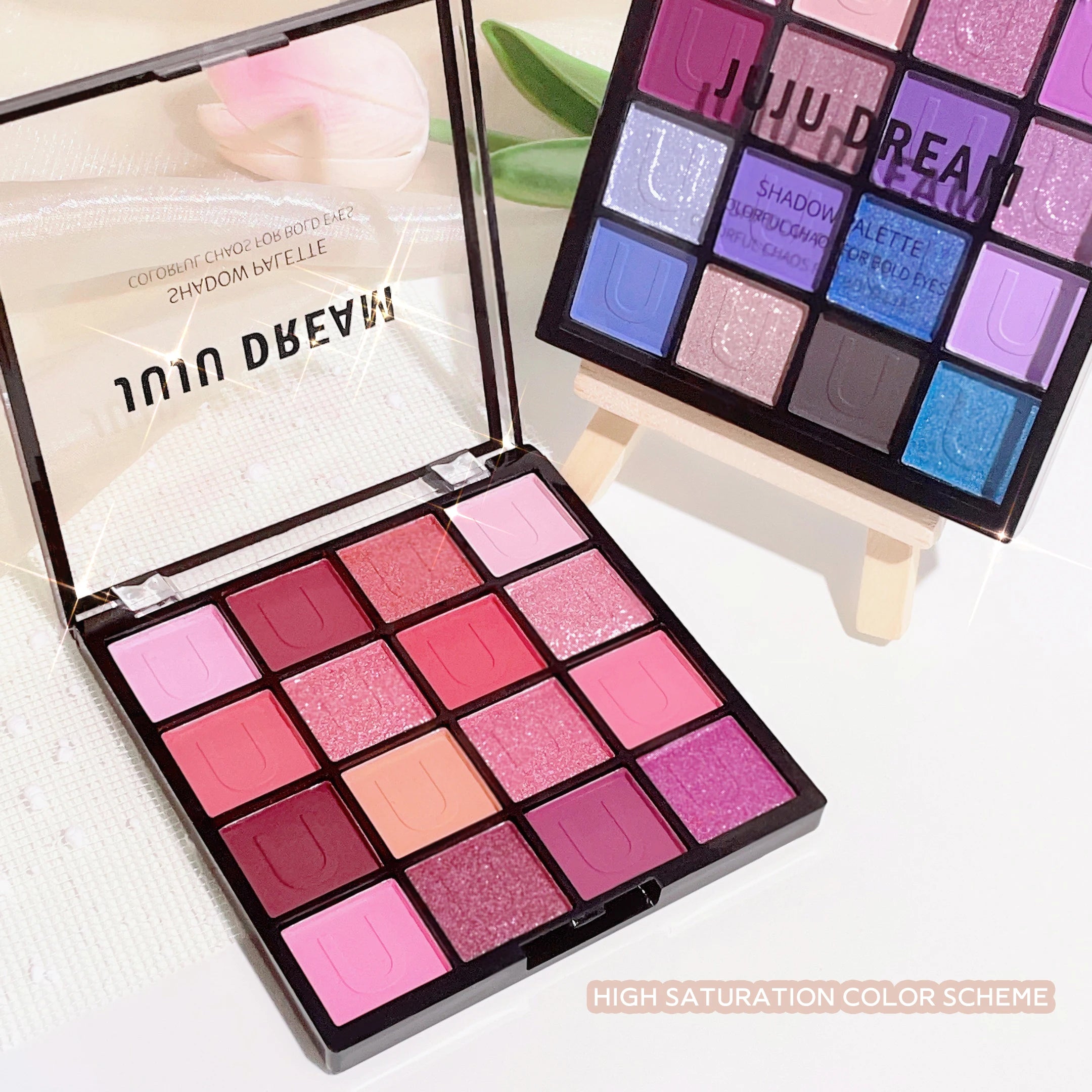 16-Color Eyeshadow Palette: Koi, Mermaid, Enchanted Forest, with pearlescent, matte, and fine shimmer finishes.