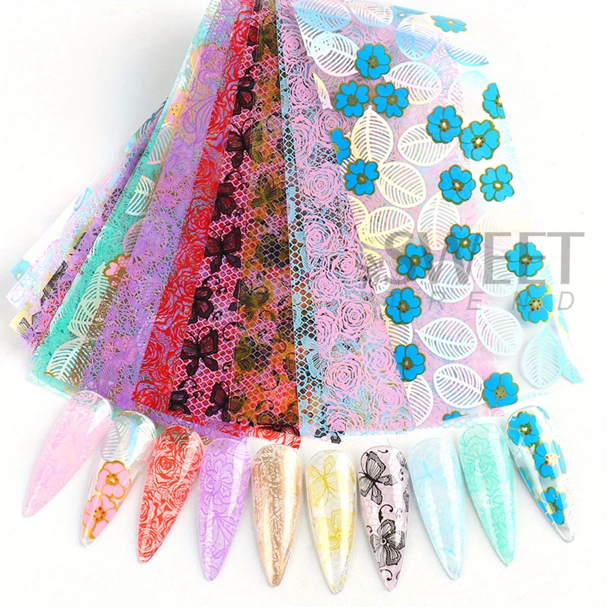 2 Pack Lace Flower Transfer Nail Art Foils Holographic Silvery Rose Geometry Leaf Image Simple Butterfly Decor Full Wraps Foils