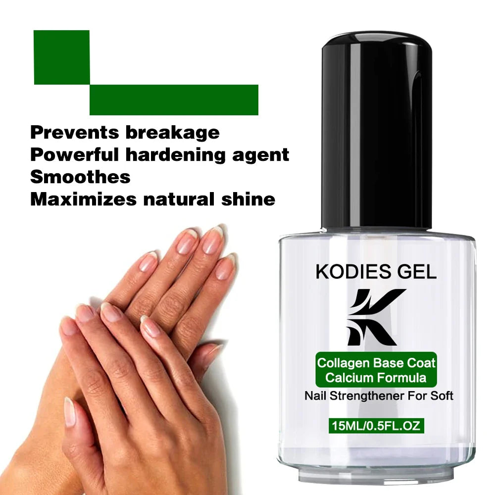 KODIES GEL Collagen Base Coat Calcium Formula Nail Strengthener 15ML Fast Dry Base Oil Nail Hardener for Repair Manicure Care