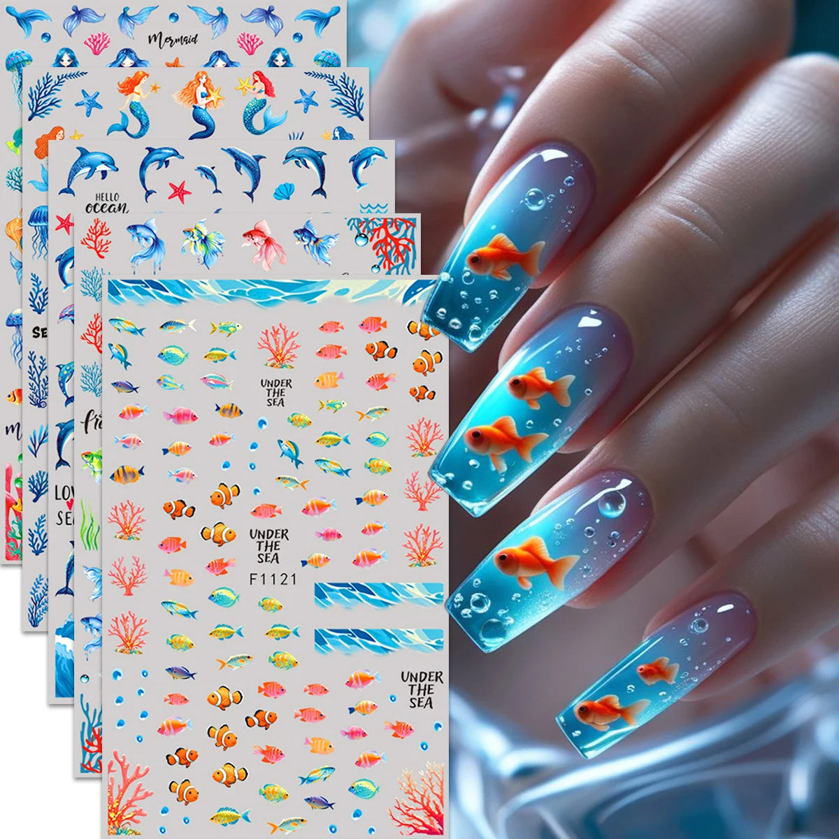 5pcs Summer Ocean Jellyfish Goldfish Mermaid Nail Art Stickers, Art Nail Art Decals, Easy to Apply Nail Decoration, DIY, Gift,