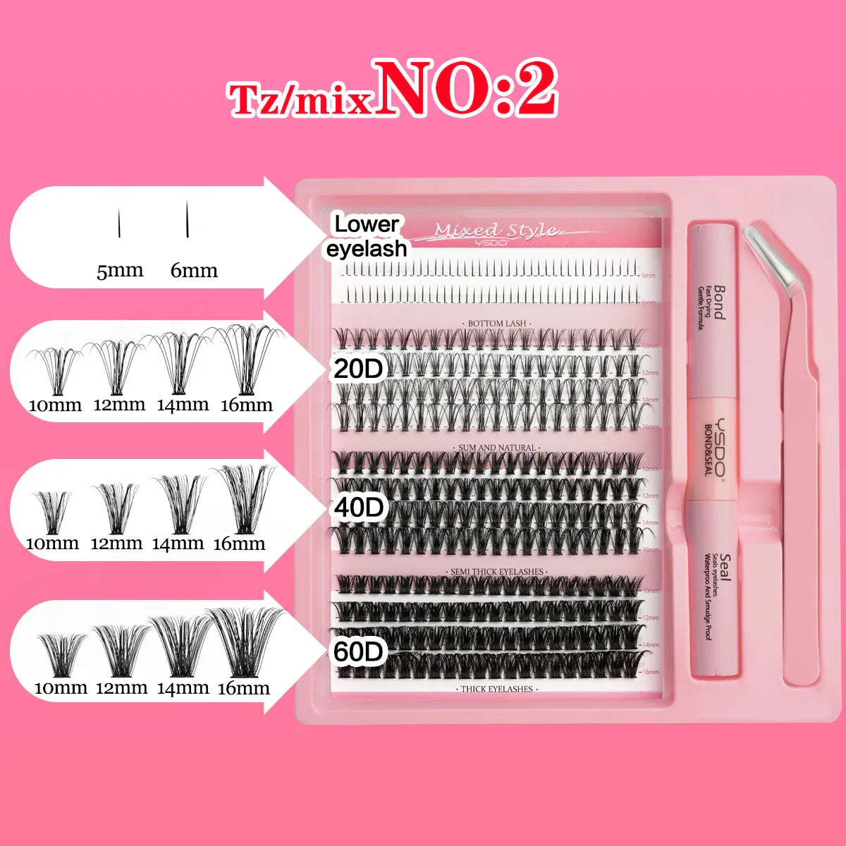 Lash Clusters Set DIY Lashes Extension Kit Individual Eyelash Kit 5-16mm Lash Clusters with Bond and Seal and Lash Applicator
