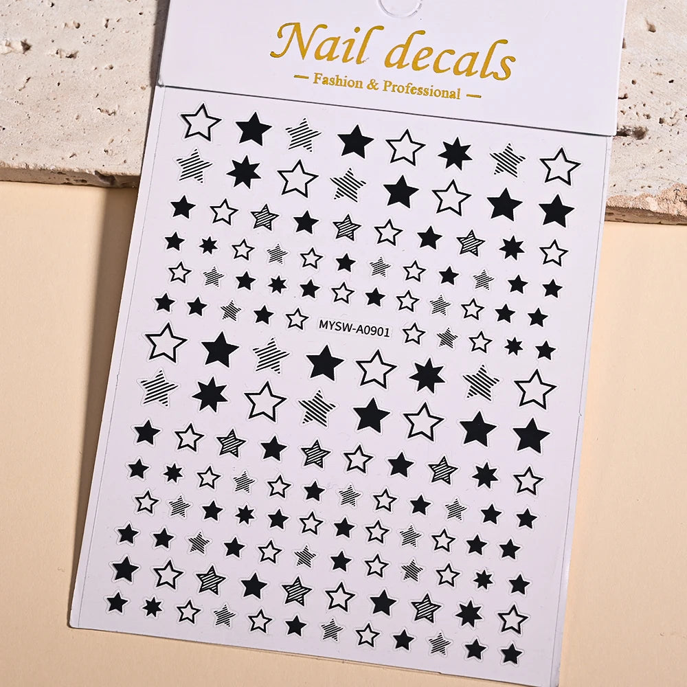 3D Gold Silver Star Nail Art Stickers Black White Crescent Moon Decals Self Adhesive Slider Polish Stickers Manicure Decoration