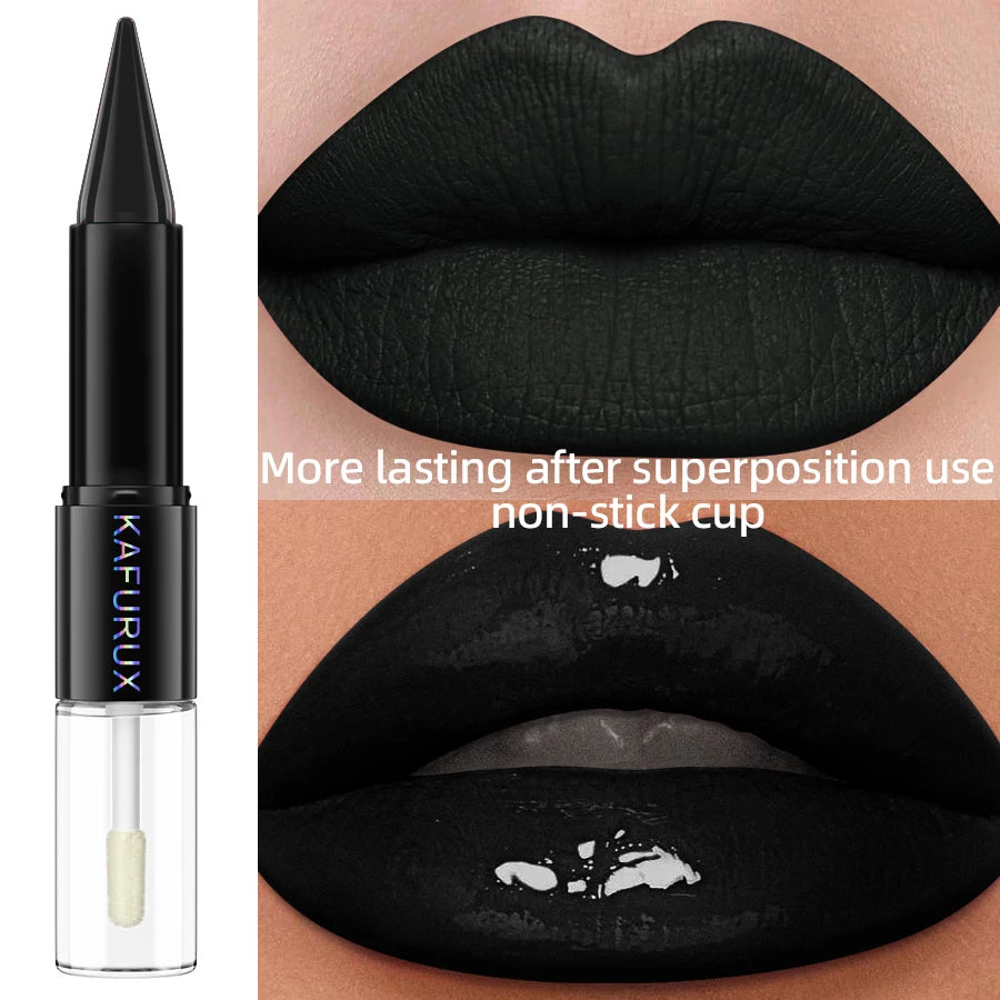 Black Matte 2 In 1 Double Head Lipstick Lip Coat Set Waterproof Coat 24HR Korean Makeup Gifts High Pigment Lip Tint Plumper