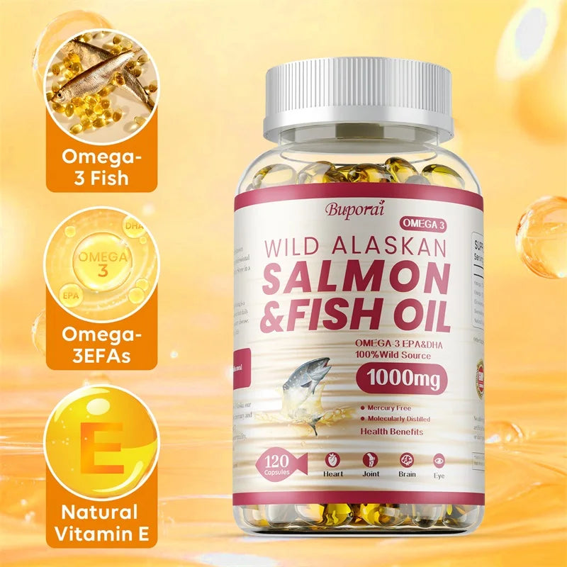 Salmon Fish Oil - Supports Brain and Nervous System, Cardiovascular and Skin Health, Antioxidant, Memory Enhancement