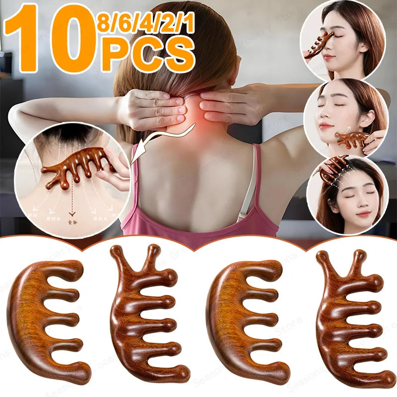 2025 New Natural Sandalwood Head Massage Five Teeth Comb Whale Comb Scalp Scraping Massager Body Massage Tools Neck Massager