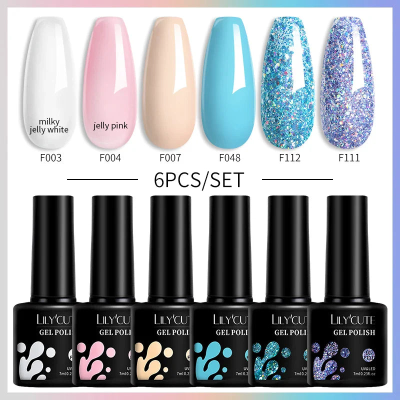 LILYCUTE 6PCs/Set Gel Nail Polish Set Kit Glitter Nail Gel Sequin Vernis Semi Permanent For Manicure Varnish UV LED Nail Art Gel
