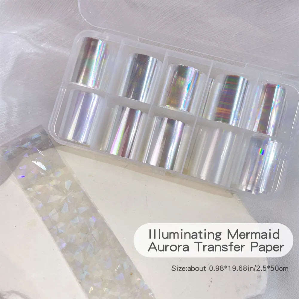 10Rolls Iridescent Mermaid Aurora Nail Transfer Paper 50x4cm Nail Art Foil Adhesive Nail art Decoration DIY Nail Supplies