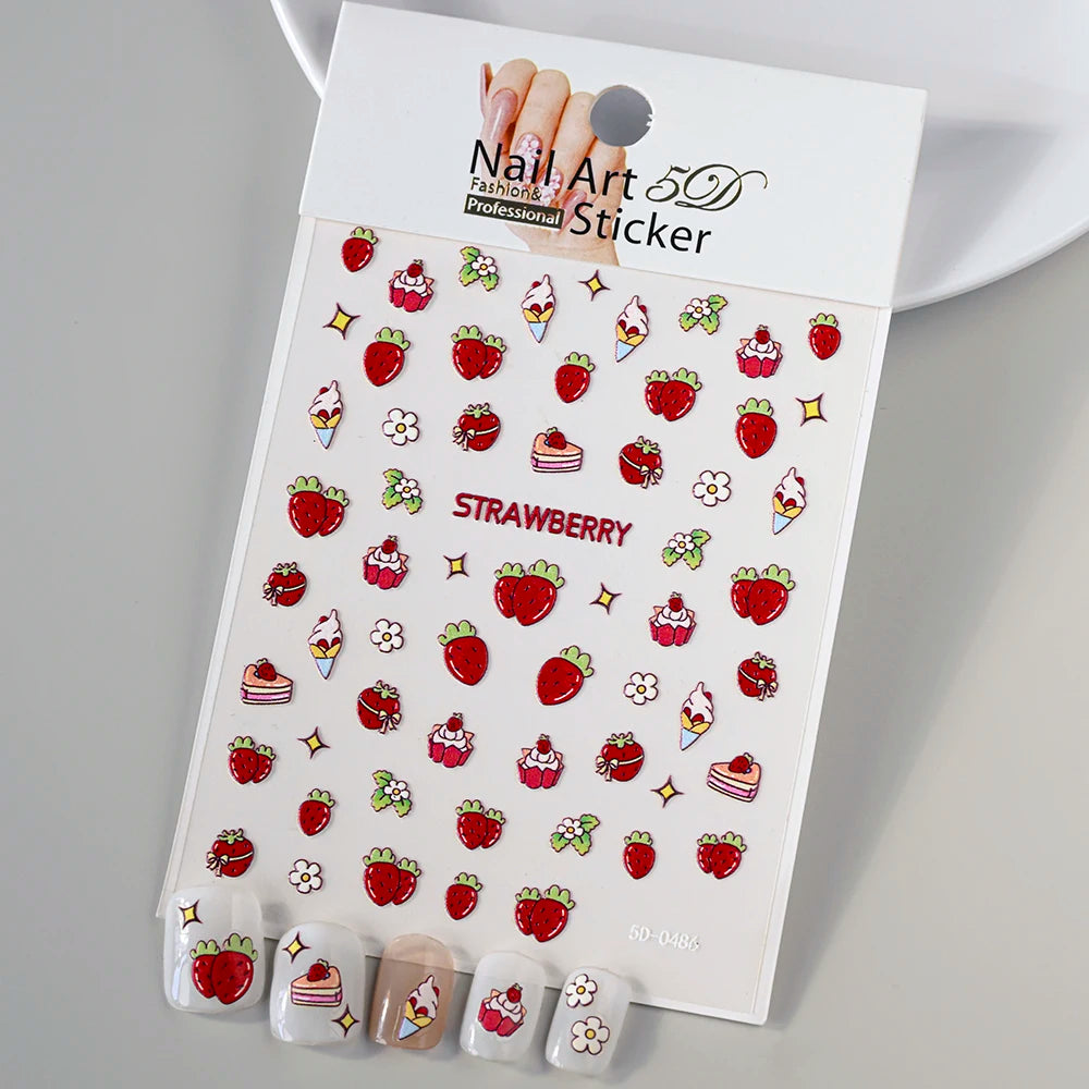 1PC 5D Macaron Flower/Fruit Nail Charms Sticker Embossed Bear/Rabbit/Letter Nails Slider Decals Summer Adhesive Manicure Decor&Y