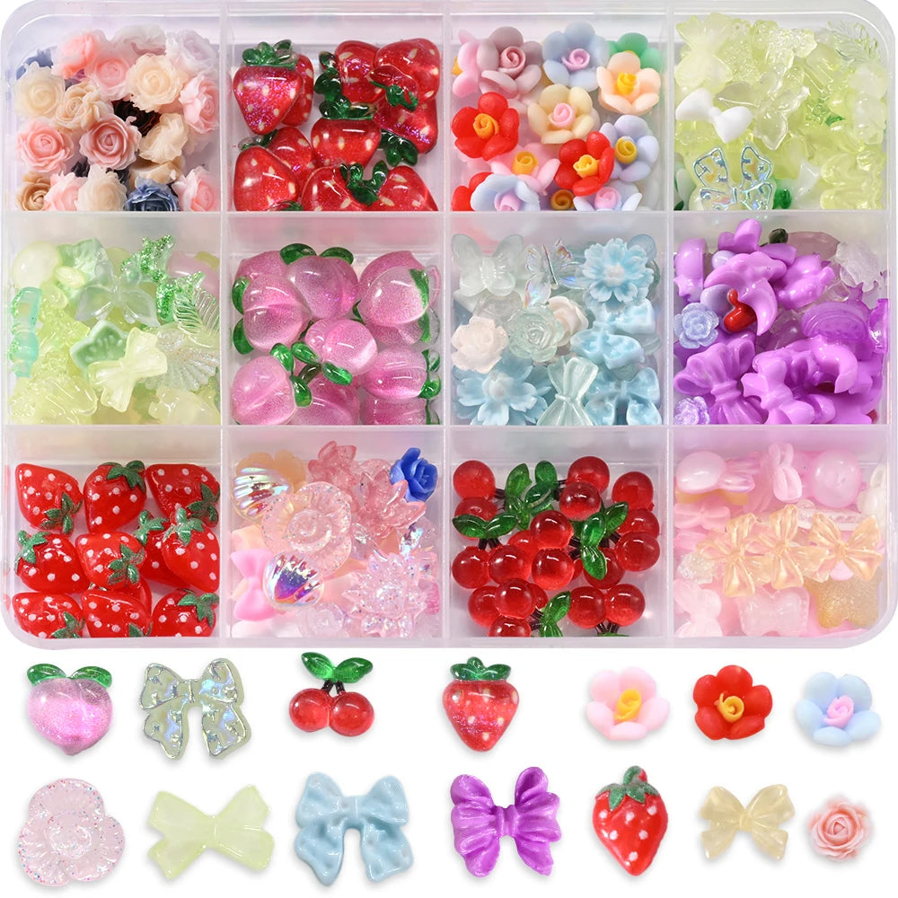 1 Box Pink White Series Bow Heart Nail Charms 3D Arcylic Nail Art Decorations Pearl 5-petal Flower Jewelry Manicure Accessories*