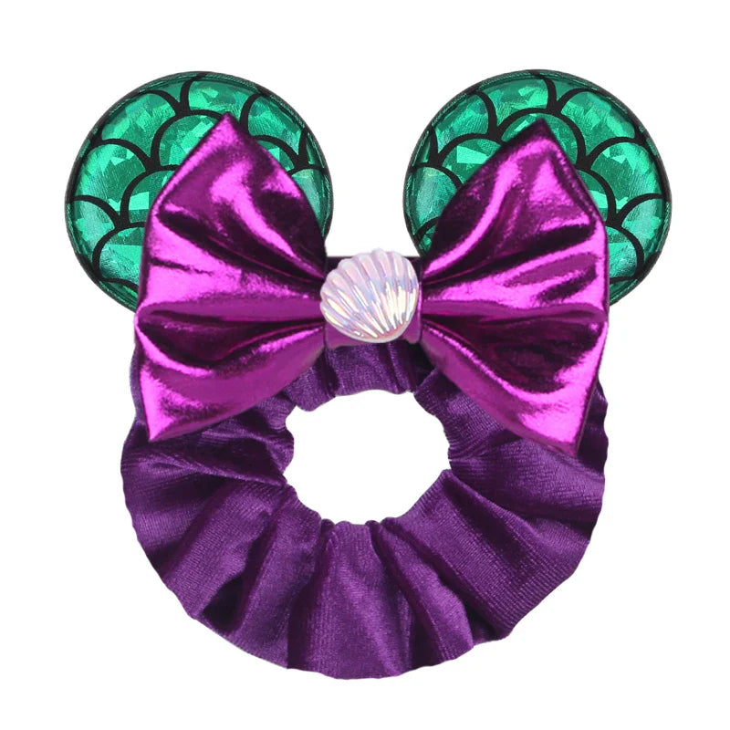 Disney Mouse Ears Velvet Scrunchies Hairband Women Elastic Ponytail Holder Girls Sequin Bow 2023 Kids Party DIY Hair Accessories