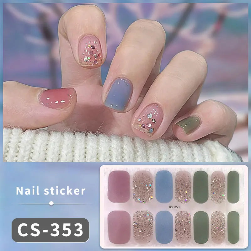 Pink Glitter Design Baking-free Nail Stickers French Style Solid Color Adhesive Full Cover Nail Strip Slider DIY Manicure Decals