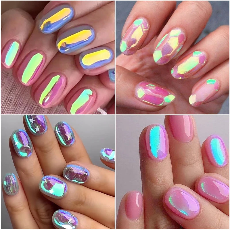 12pcs Aurora Foils Nail Art Stickers Holographic Laser Glass Paper Iridescent Cellophane Sliders Y2K Ice Cube Nail Art Decor