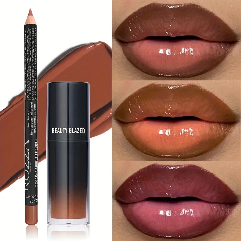 2pcs/Set Smooth Lip Liner+Lip Oil Set Lip Combo Waterproof Lip Liner Makeup, Long-Lasting Moisturizing Lip Makeup Lip Plump