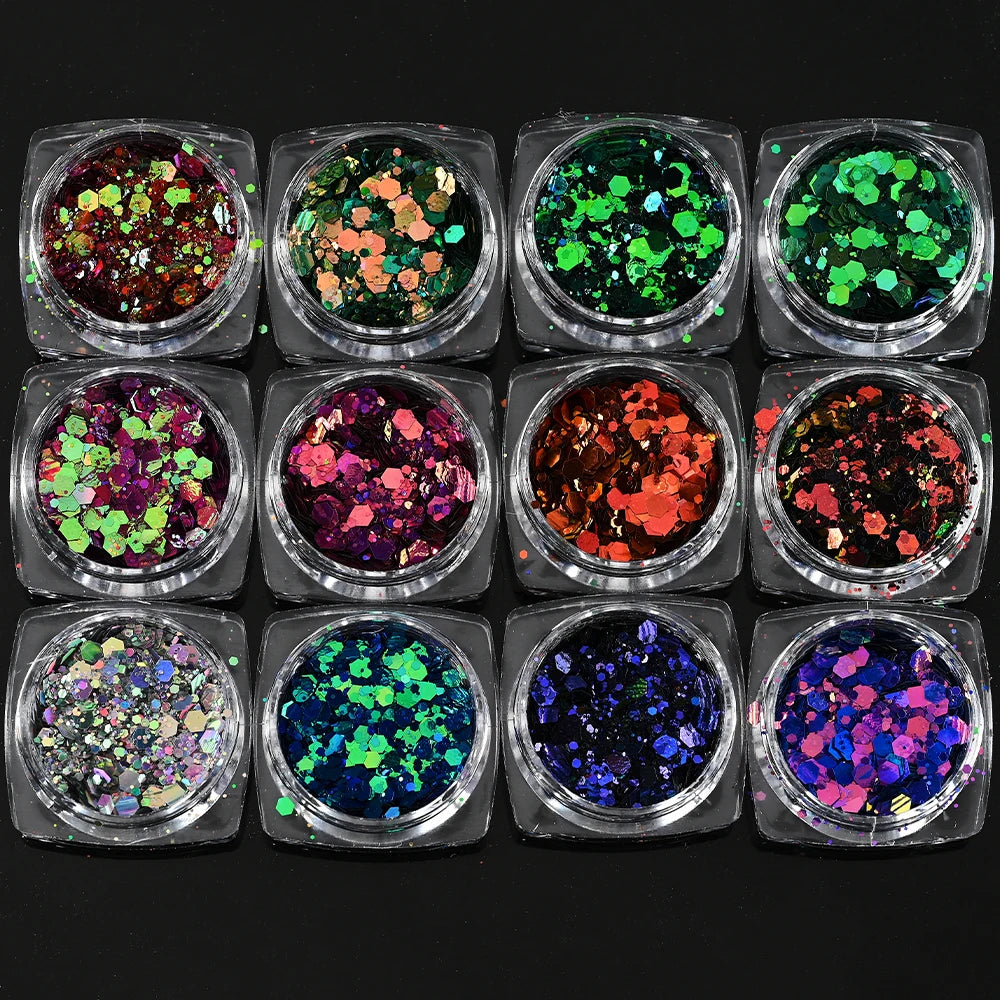 12Pcs Iridescent Nail Art Glitter Sequins Holographic Mix Hexagon Chunky Flakes DIYGel Polish Crafts Manicure Decorations Powder