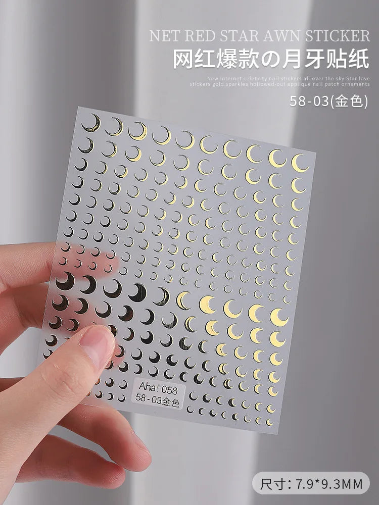 3D Gold Silver Star Nail Art Stickers Black White Crescent Moon Decals Self Adhesive Slider Polish Stickers Manicure Decoration