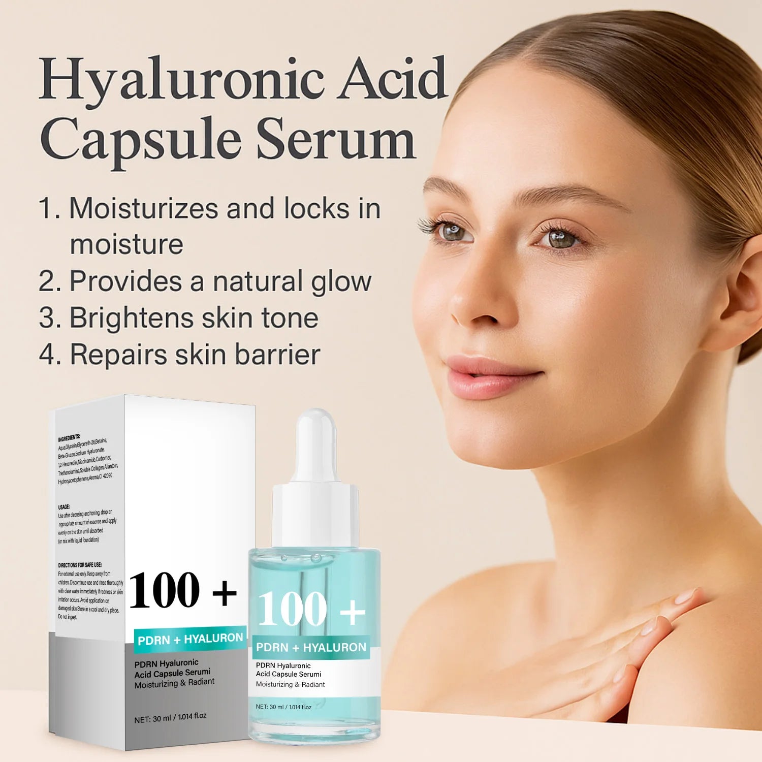 PDRN Hyaluronic Acid Capsule 100 Serum, Radiant Face Serum for Women Hyaluronic Acid, Hydration, Moisture, Korean Skincare, 30ml