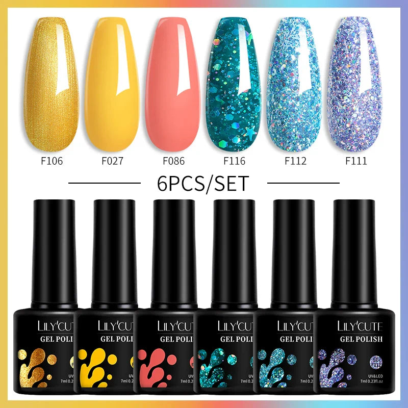 LILYCUTE 6PCs/Set Gel Nail Polish Set Kit Glitter Nail Gel Sequin Vernis Semi Permanent For Manicure Varnish UV LED Nail Art Gel