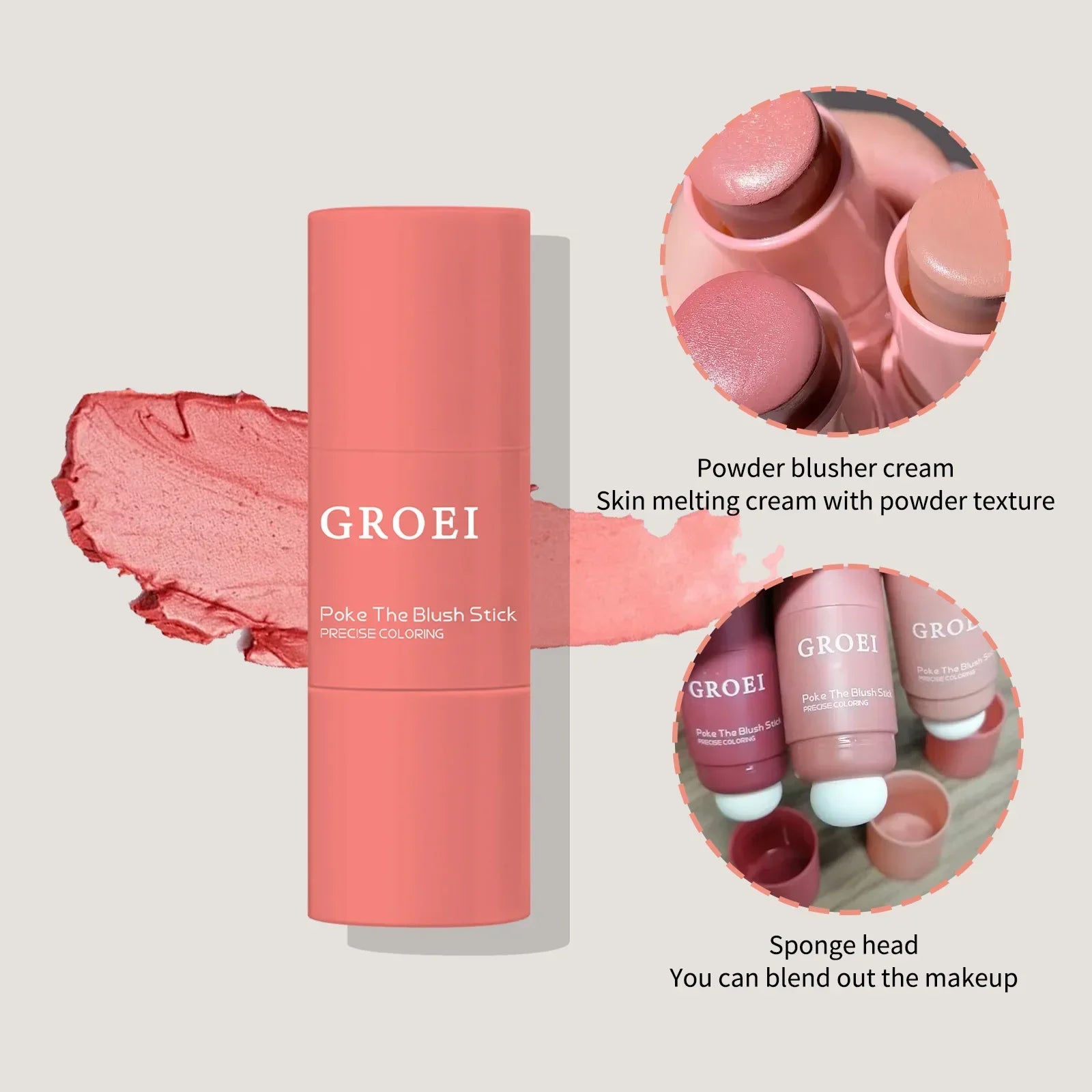 3-Color Double-Ended Blush Stick - Natural Waterproof & Long Lasting, Matte Creamy Rouge for Easy Monochrome Makeup.