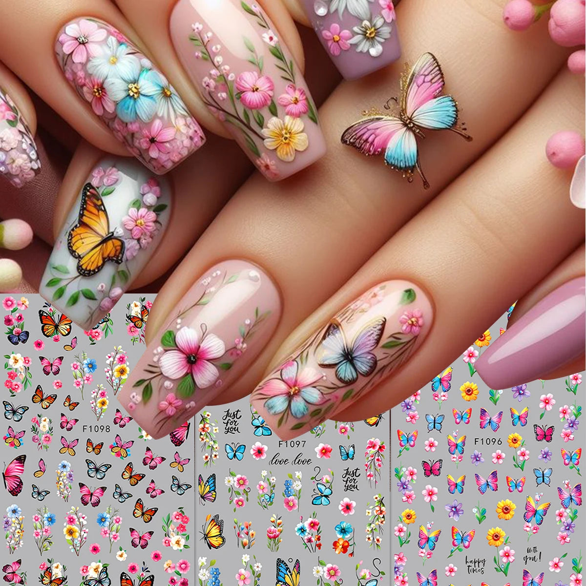 Spring and summer flower butterfly nail stickers, easy to apply for nail decoration DIY, gifts, party and wedding makeup styling
