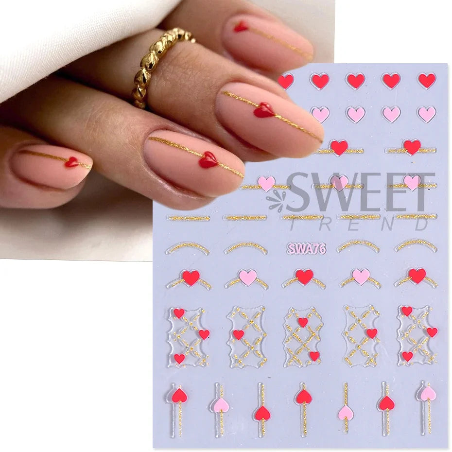 4pcs 3D Gold Heart Line Nail Art Stickers MetallicGlitter French Stripes Love Letter Romantic Valentines Holographic Decoration