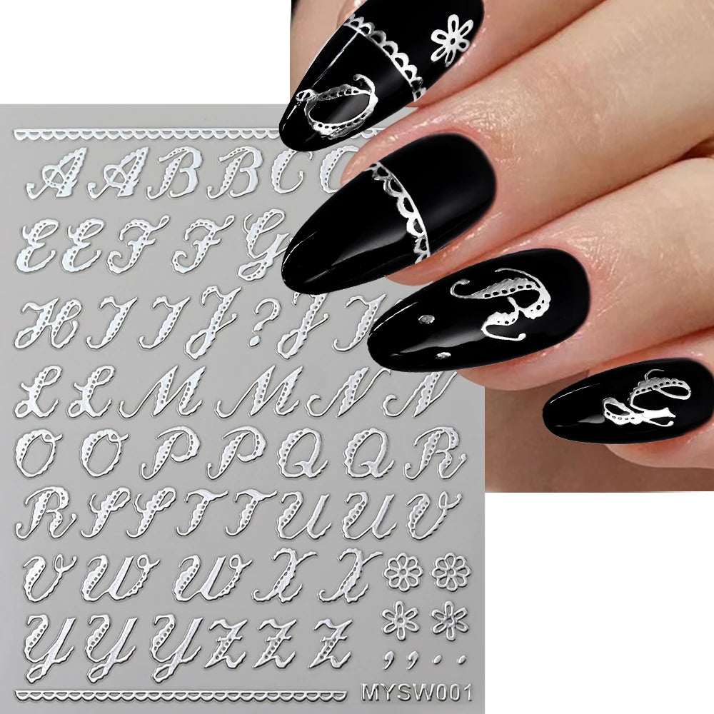 1Pc 3D Roman Letter Nail Stickers Gold/Silver/Black/Laser Alphabet Self Adhesive Decal Y2K English Words/Number Manicure Sliders