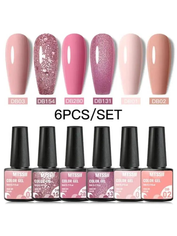 Mtssii 6PCS/Set Pink Glitter Gel Nail Polish Set Sequins Semi Permanent Base Matte Top Coat Soak Off LED UV Nail Art Gel Varnish