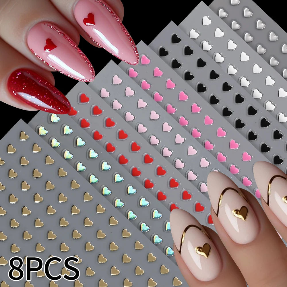 8pc 3D Mixed Color Heart Nail Stickers Valentines' Day Sweet Red Pink Love Selfadhesive Nail Decoration Decals Manicure Supplies