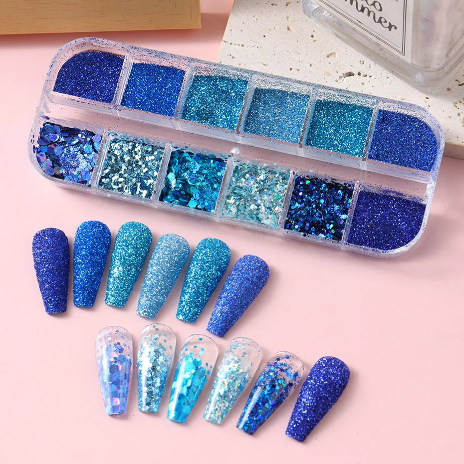 12Grid Royal Blue Mixed Glitter Nail Flakes Holographic Hexagon Irregular Sequins Sliced Sparkly Pigment Powder Manicure Decor