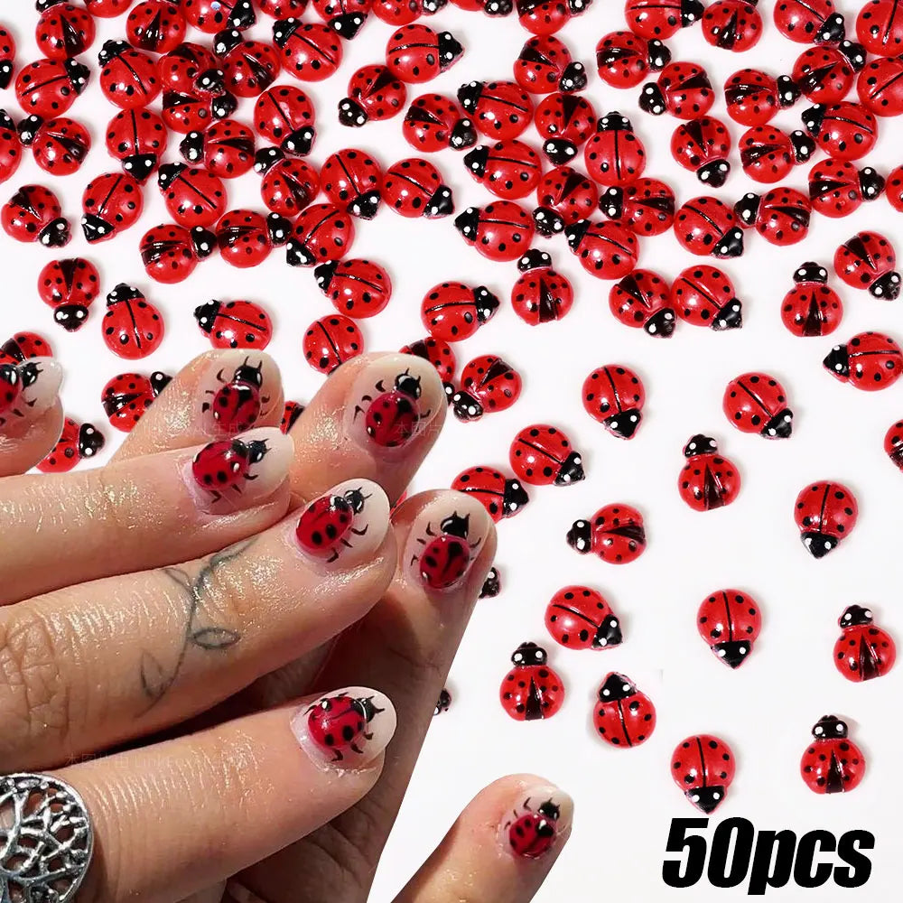 50Pcs Cute Insect Ladybug Nail Charms 3D Resin Ladybugs Nail Art Rhinestones 8*10mm Summer Manicure Decoration Ladybug DIY FT5*