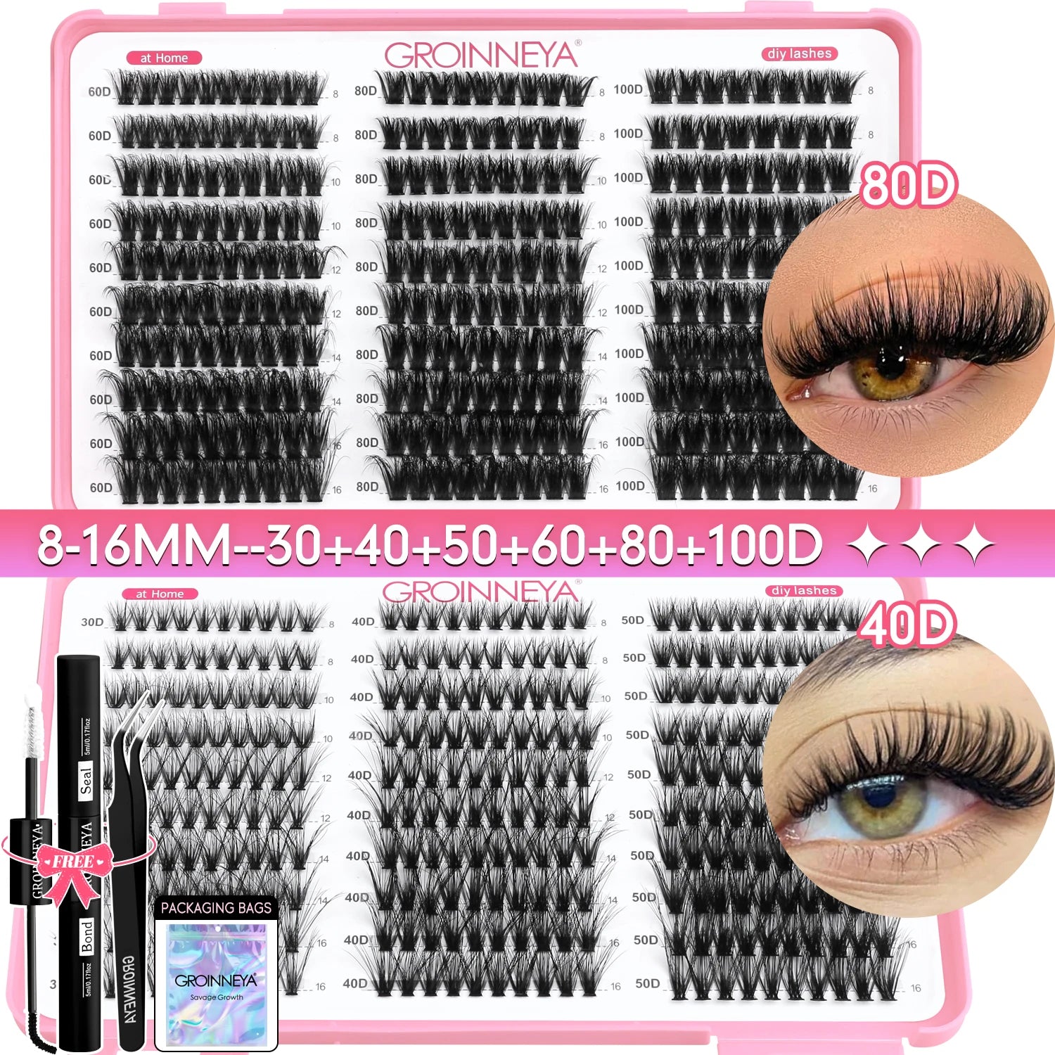 GROINNEYA DIY Lash Clusters Kit Mixed Tray Eyelash Extension Full Set Individual Lashes with Lash Bond&Seal and Tweezers Tool