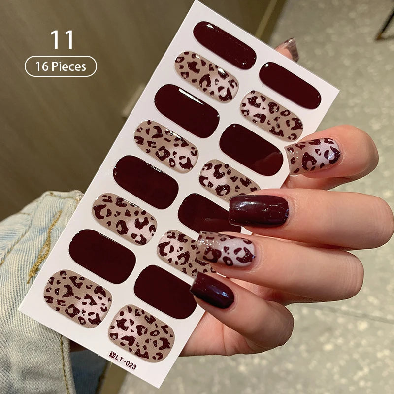 Pink Glitter Design Baking-free Nail Stickers French Style Solid Color Adhesive Full Cover Nail Strip Slider DIY Manicure Decals